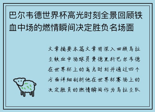巴尔韦德世界杯高光时刻全景回顾铁血中场的燃情瞬间决定胜负名场面